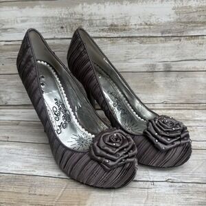 Naughty Monkey Pumps 8.5 Grey Pleated Rosette Rhinestone Stiletto Glam Y2K Pinup